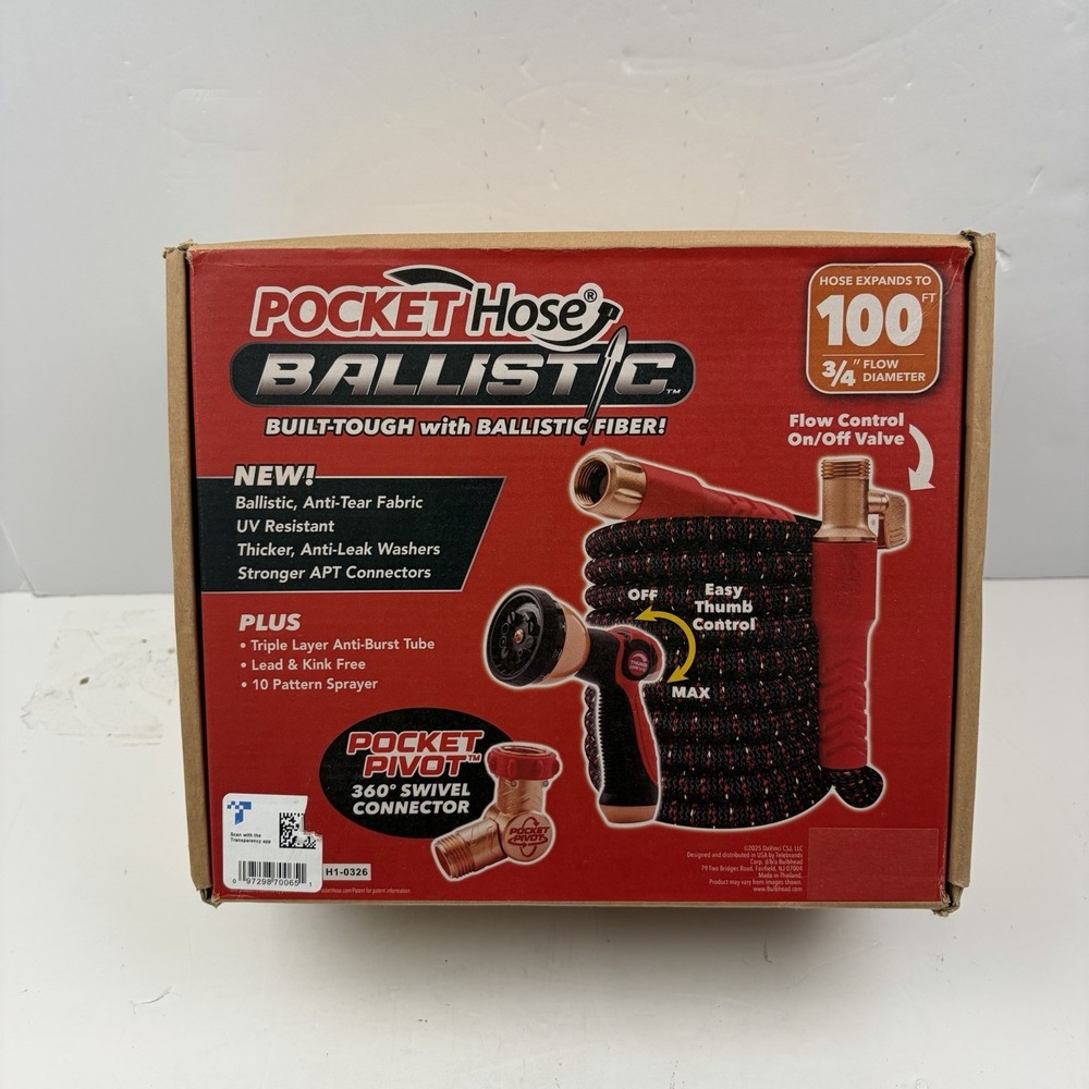 Pocket Hose Ballistic 100 FT Expandable Garden Hose - Red - NOB